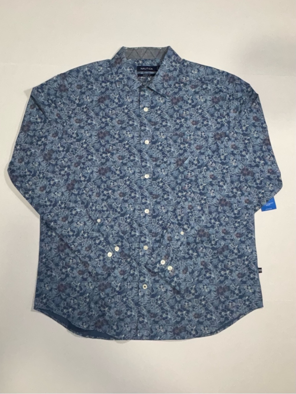 Nautica Classic Fit Floral Blue Long Sleeve Button-Up Shirt Size L
